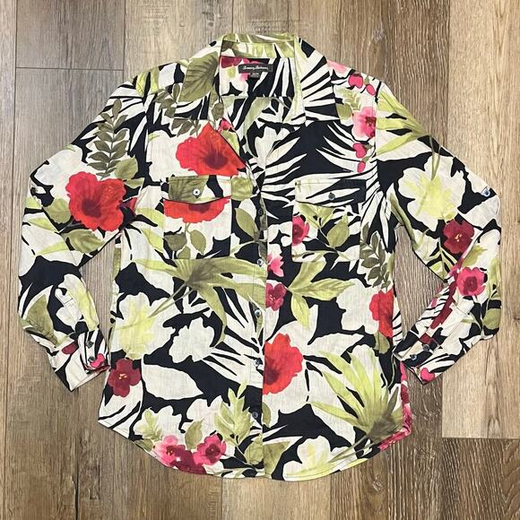TOMMY BAHAMA 100% Linen Women’s Roll Tab Sleeve Floral Blouse Size M Tropical - Picture 1 of 7